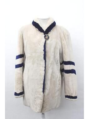 Excellent Beige & Blue Sheared Beaver Fur Jacket Coat Women Woman Size 6 Small
